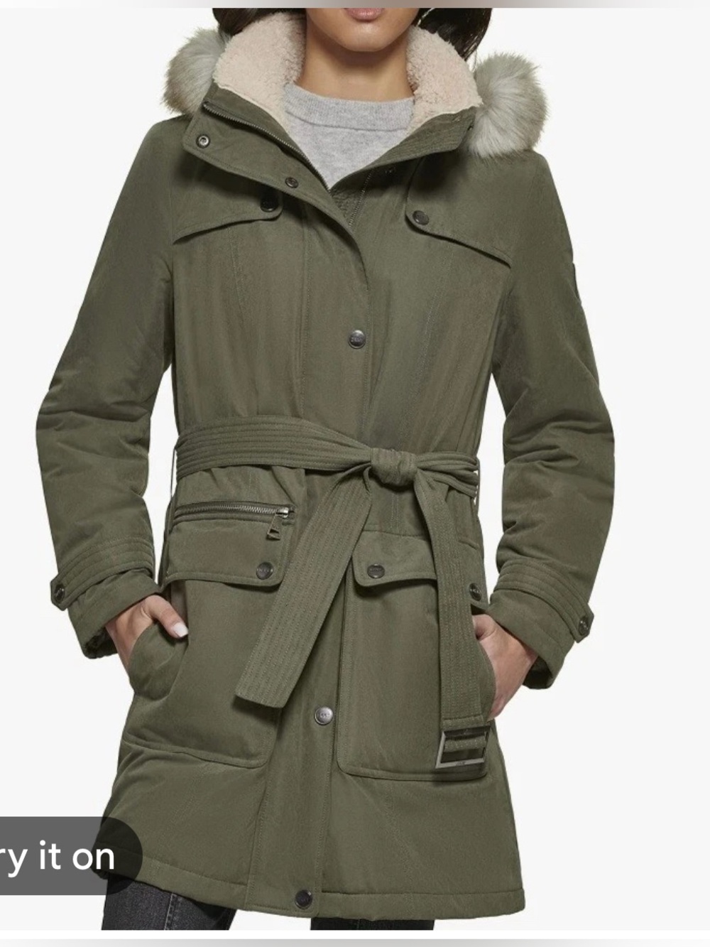DKNY Olive Green Parka Coat‎ with Faux Fur Hood